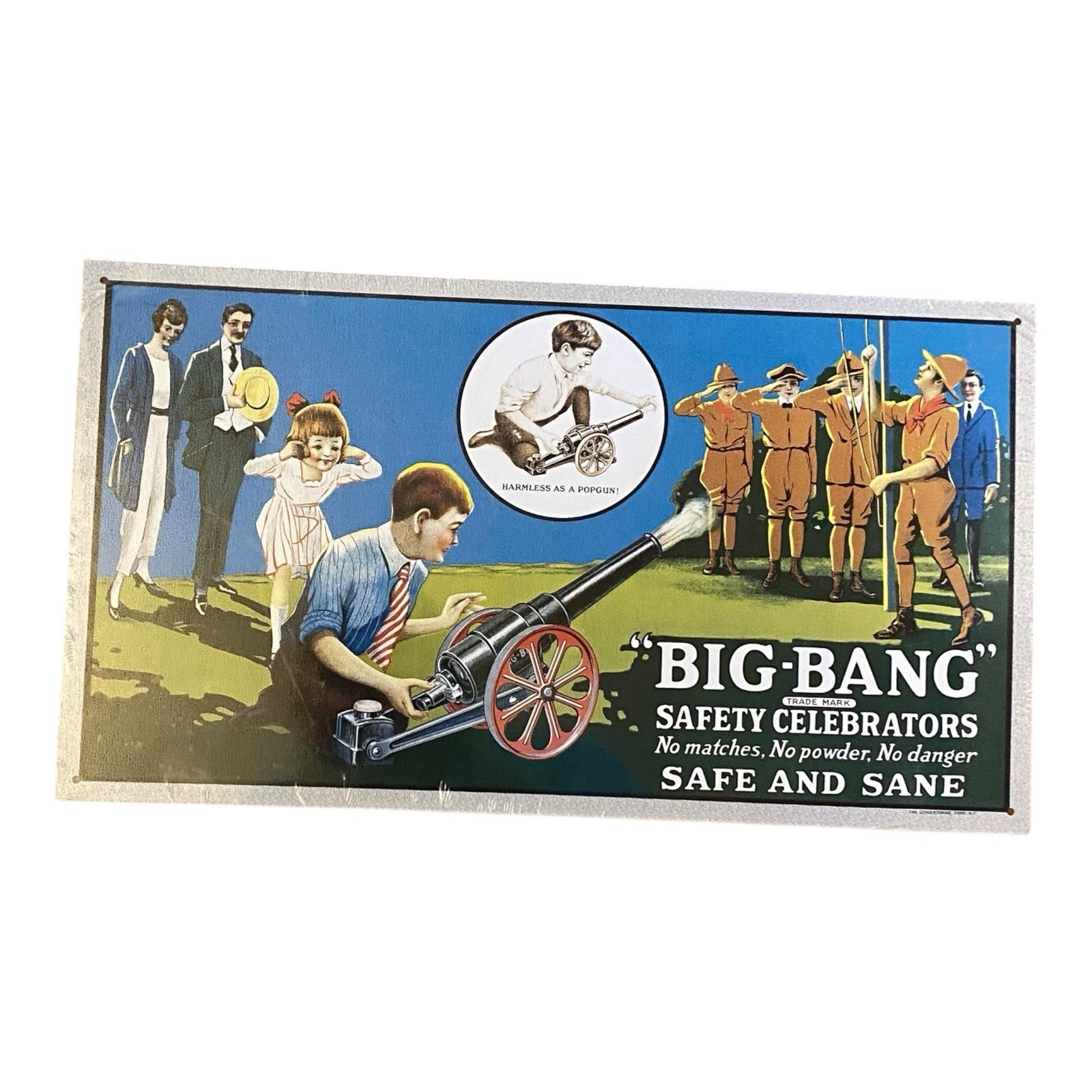 VTG Big Bang Safety Celebrators Toy Cannons 1920s Replica Tin Sign 16”x8” - NEW