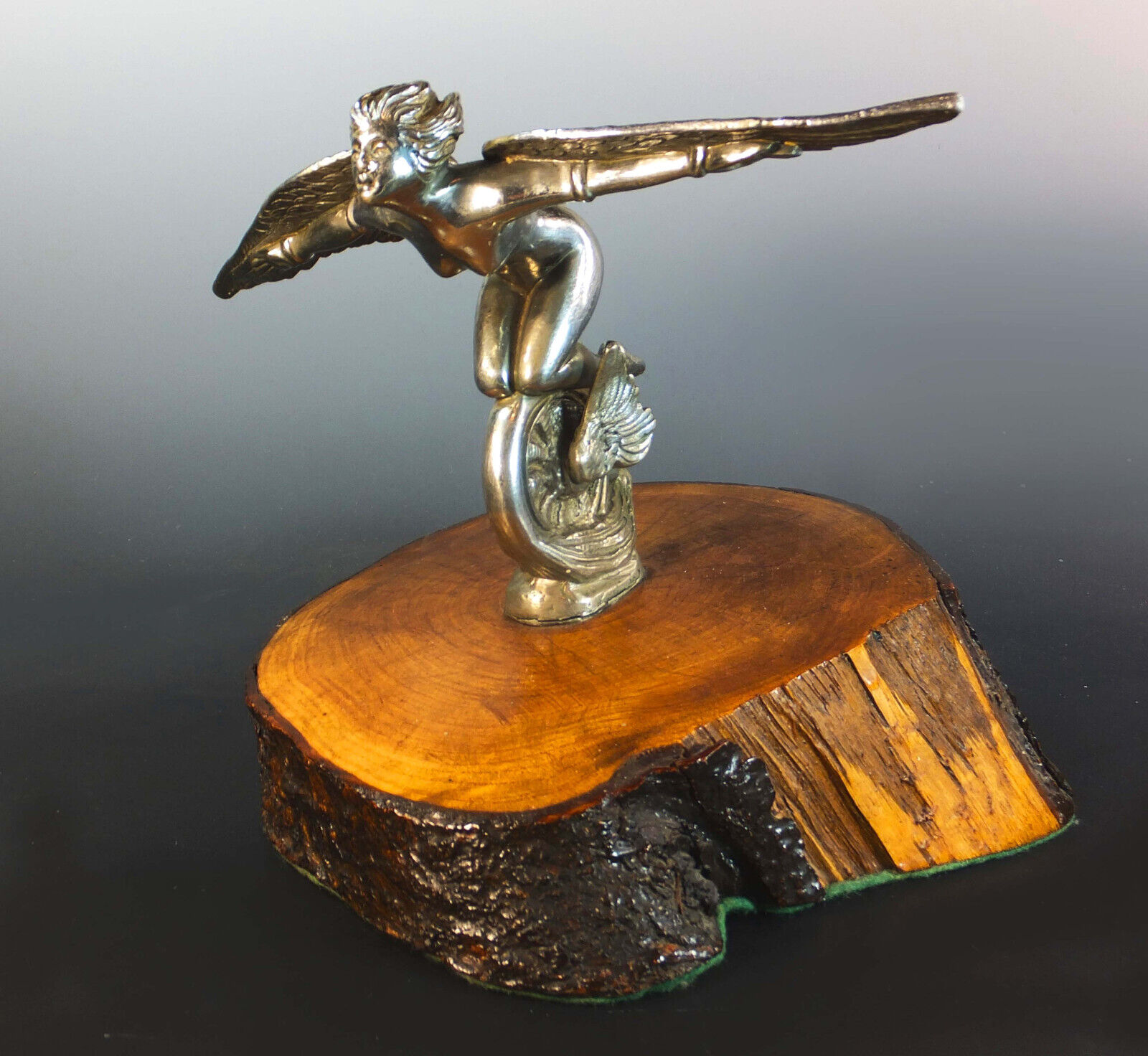 VERY RARE, 1920\'s CAR HOOD MASCOT as a NAKED WINGED SPEED NYMPH RIDING WHEEL