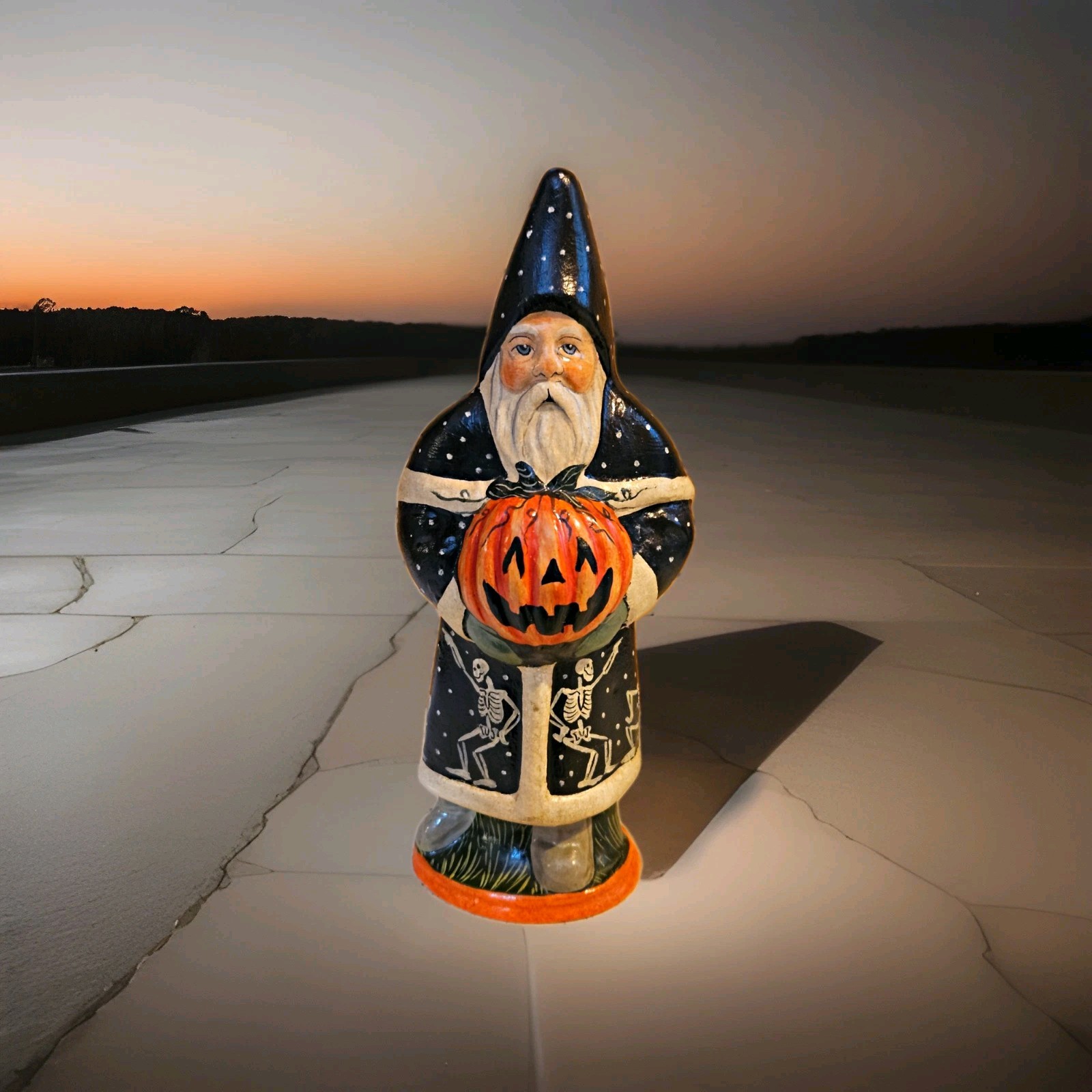 Rare 2015 Vaillancourt Folk Art Chalkware Halloween Santa Holding a Pumpkin  