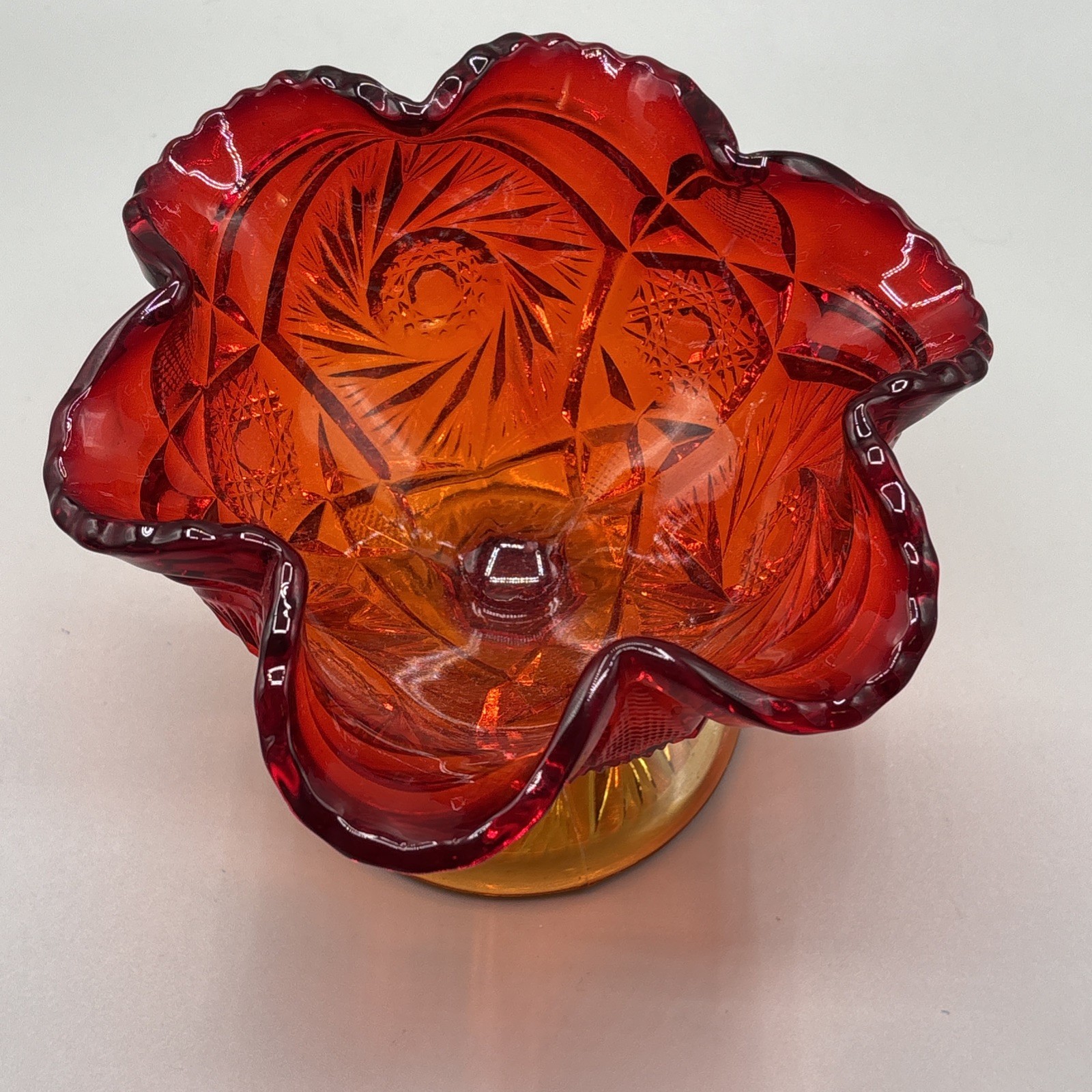 Vintage Amberina Glass Pedestal Compote Ruffled Candy Dish