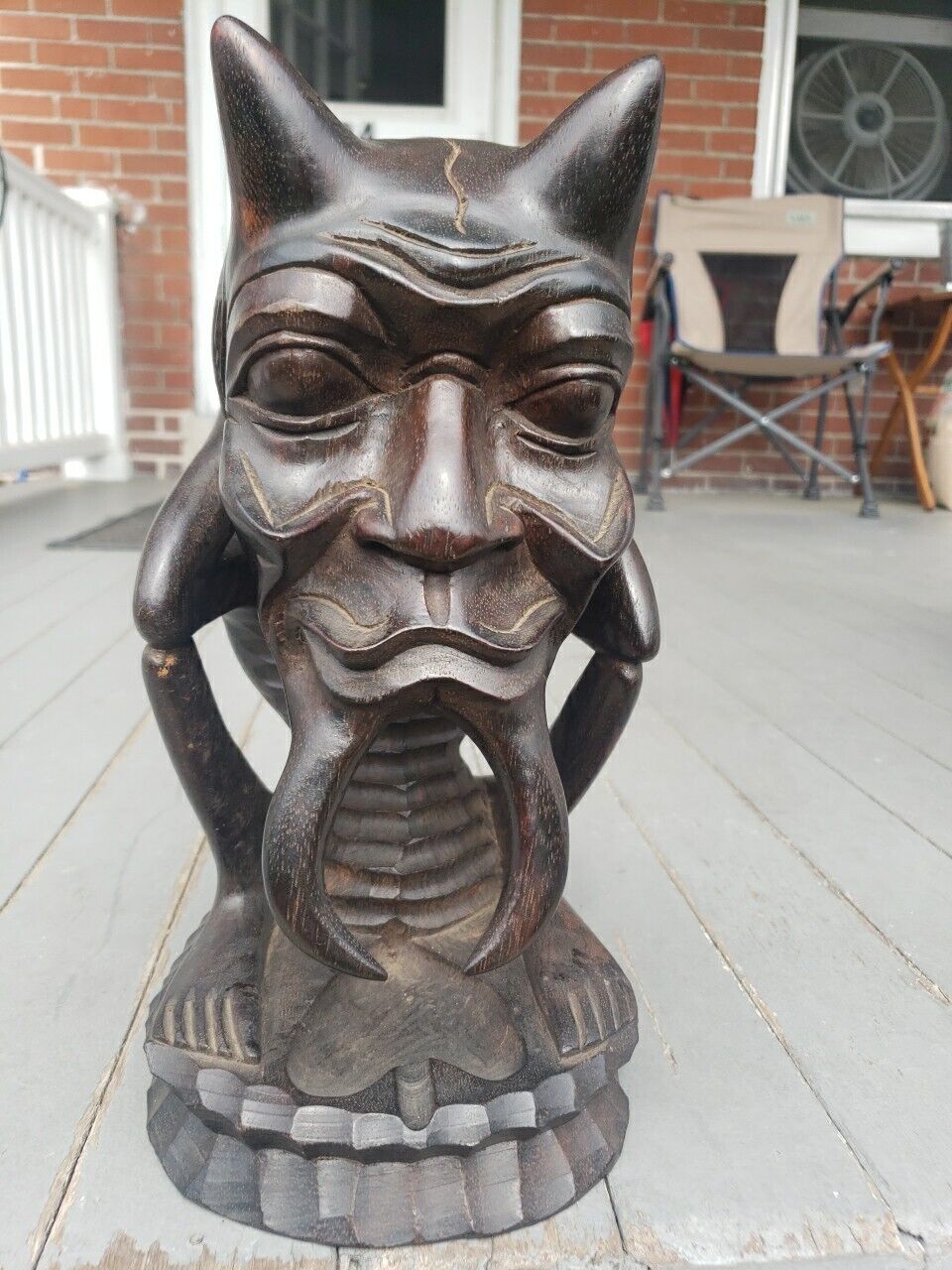 Vintage Detailed Wood Carved Demon Devil Ashtray Folk Art Halloween Tiki 12 3/4