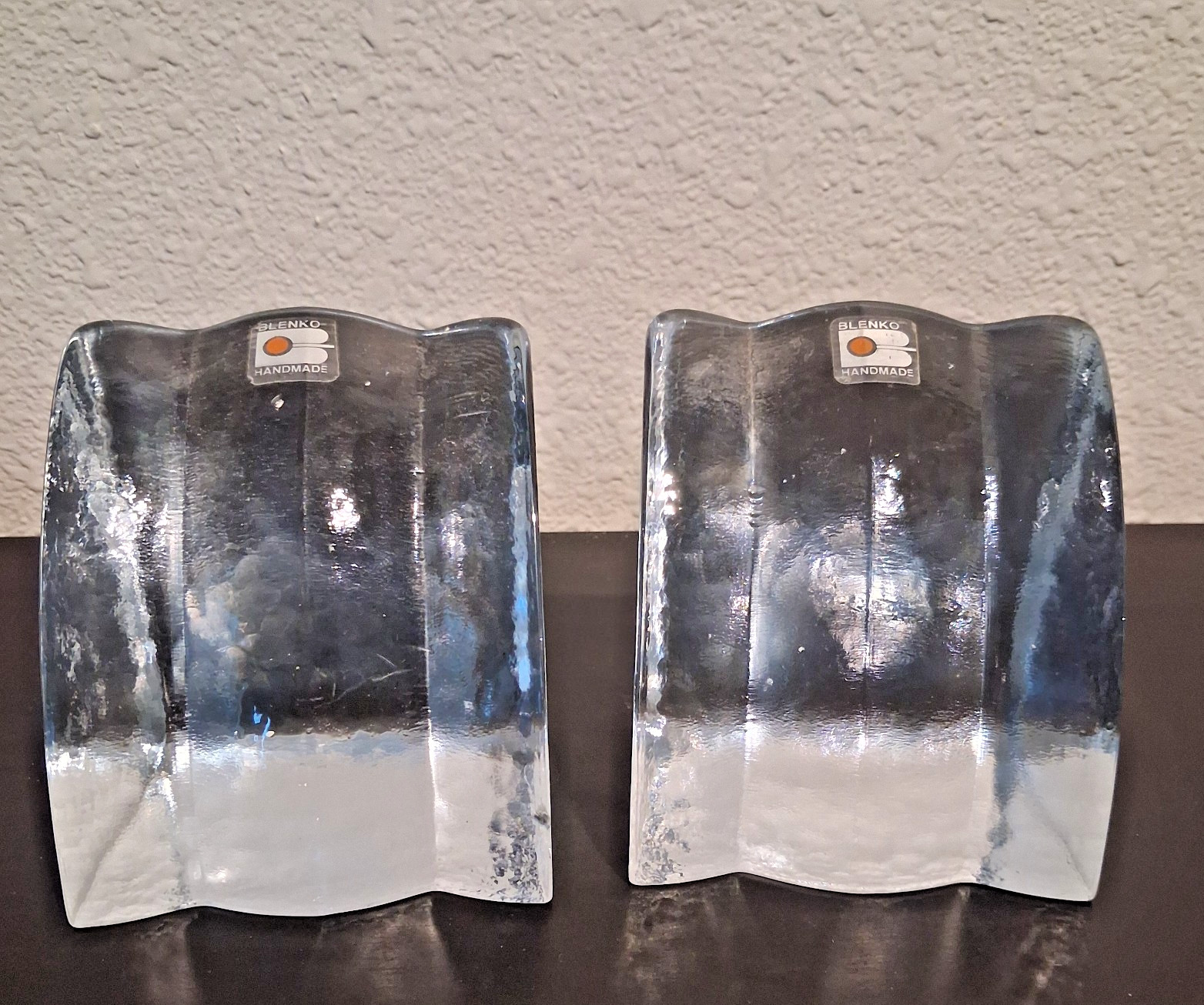 Blenko Glass Waterfall Ice Block Bookends Handmade Architectural Waves Set of 2
