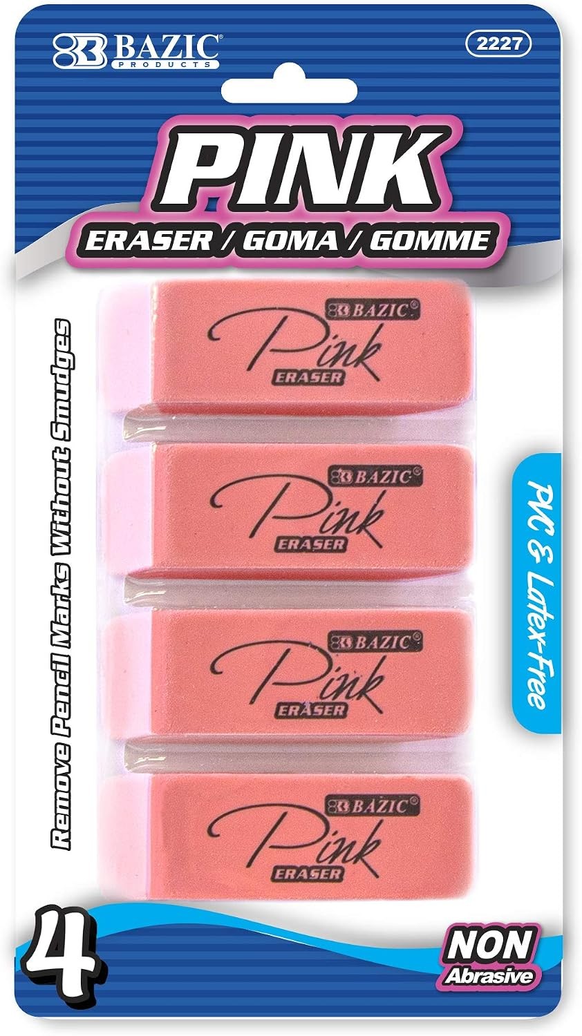 4 Count, Latex-Free, BAZIC Products Pink Bevel Block Erasers 4 Count, Latex-Free, BAZIC Products Pink Bevel Block Erasers