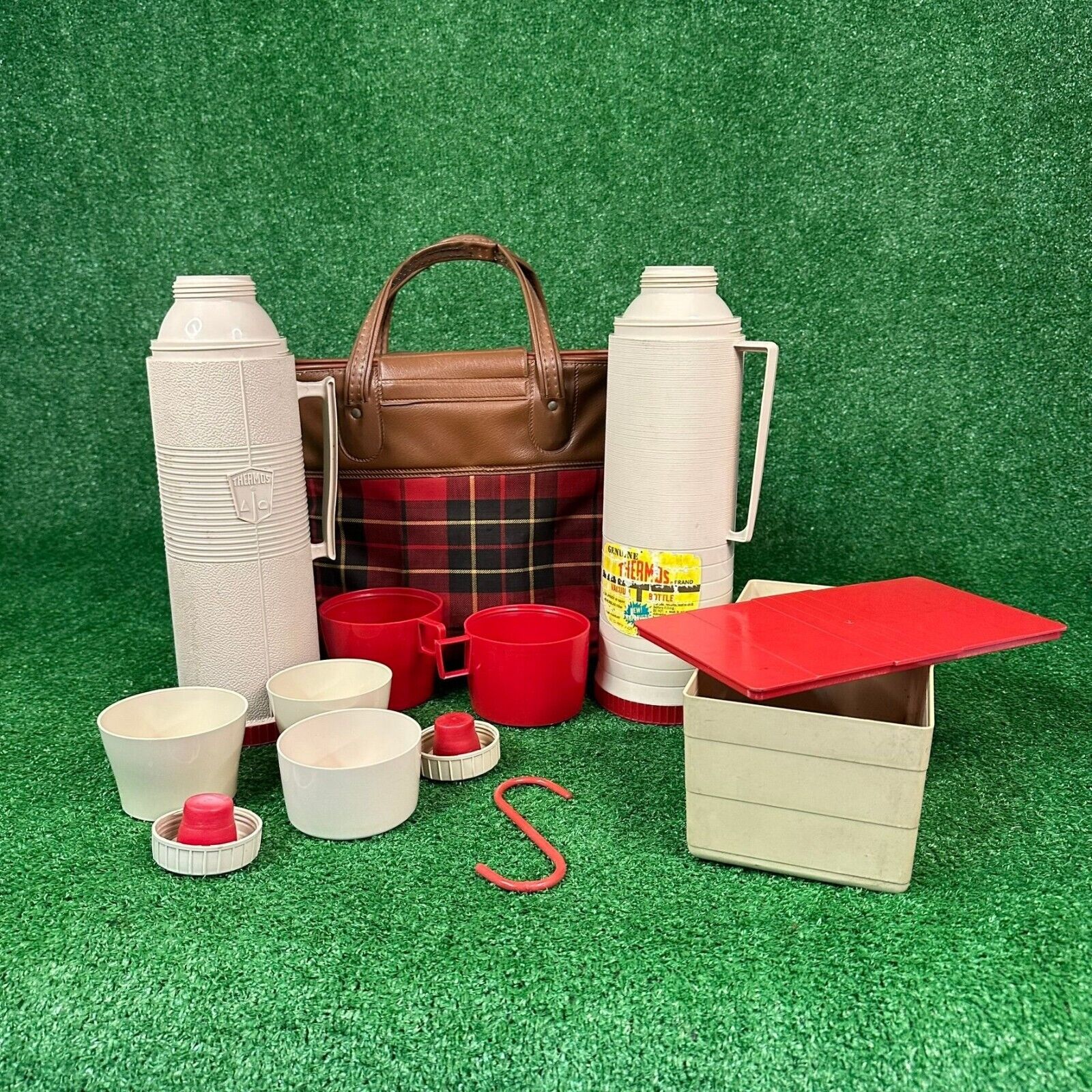 Vintage Red Plaid THERMOS Travel Picnic Set Canvas Bag King Seeley 1973