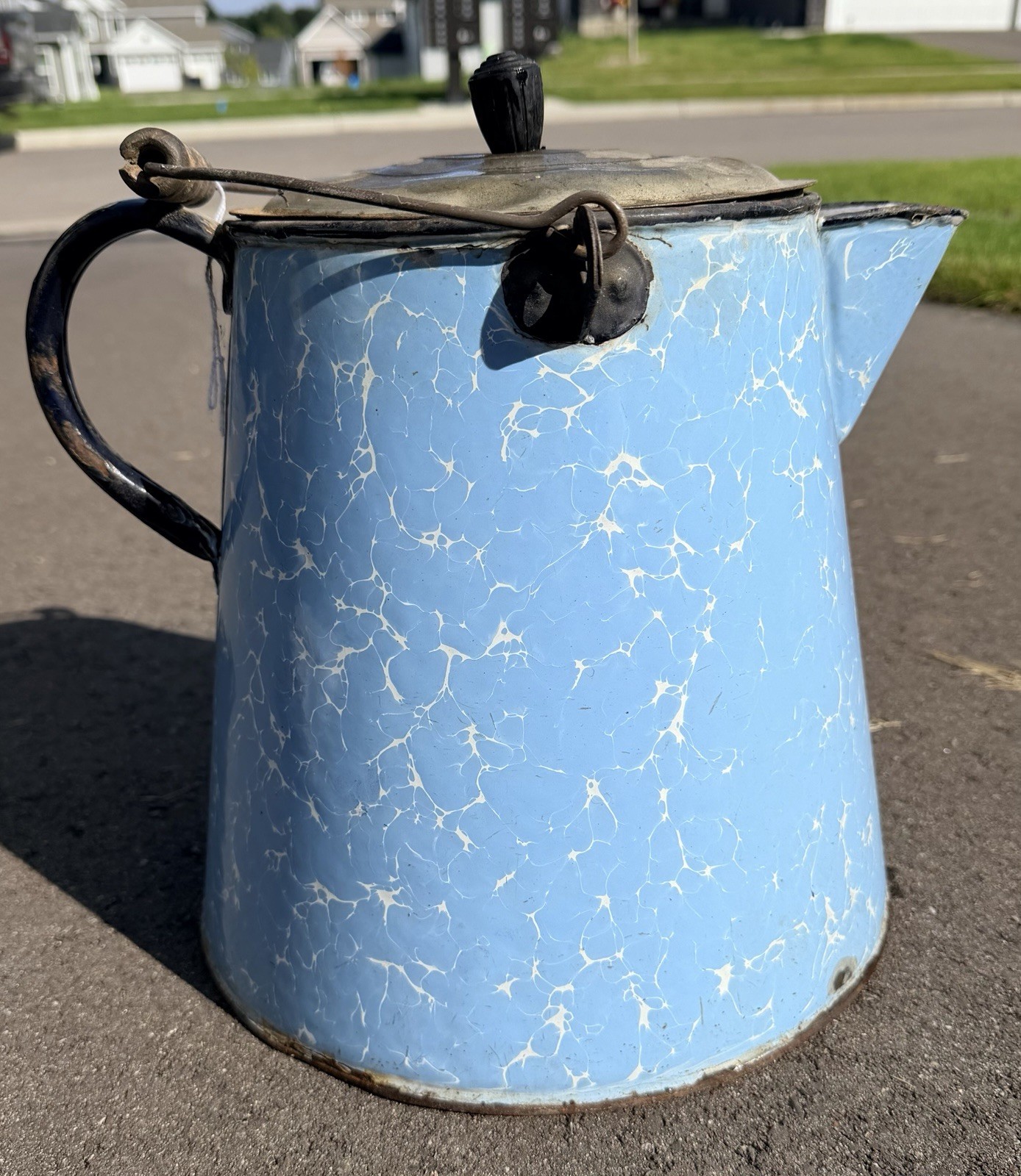 Vtg Large Robin Egg Blue White Swirl Enamelware Cowboy Coffee Pot Graniteware