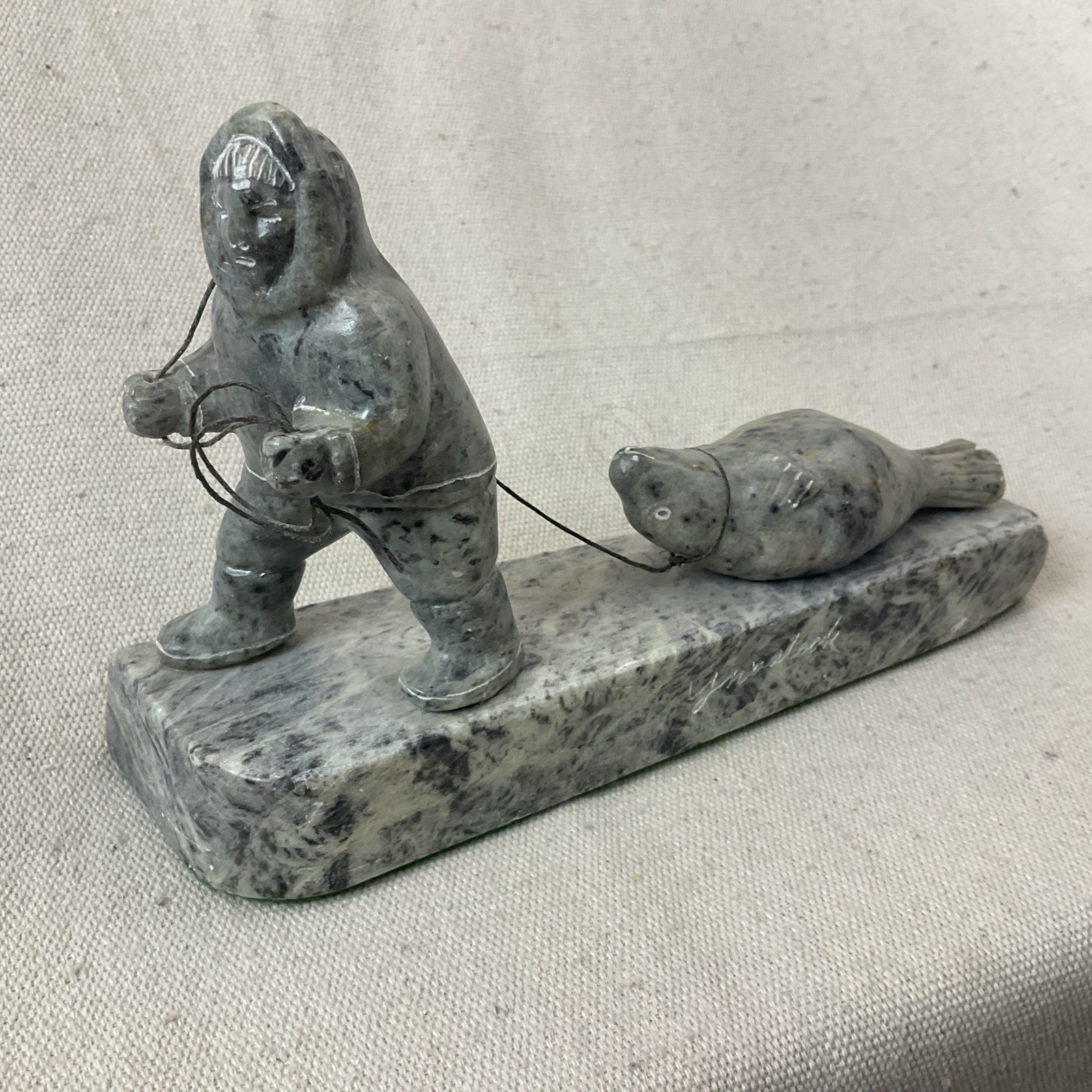 Vintage Canadian Eskimo Inuit Carved Stone with Seal  Signed 7.5