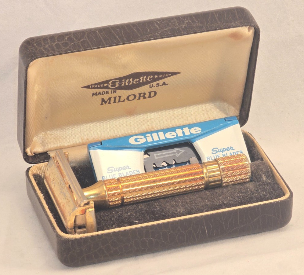 Vintage Gillette Milord Gold-Tone Razor, Case, Super Blue Blade Dispenser NICE Vintage Gillette Milord Gold-Tone Razor, Case, Super Blue Blade Dispenser NICE