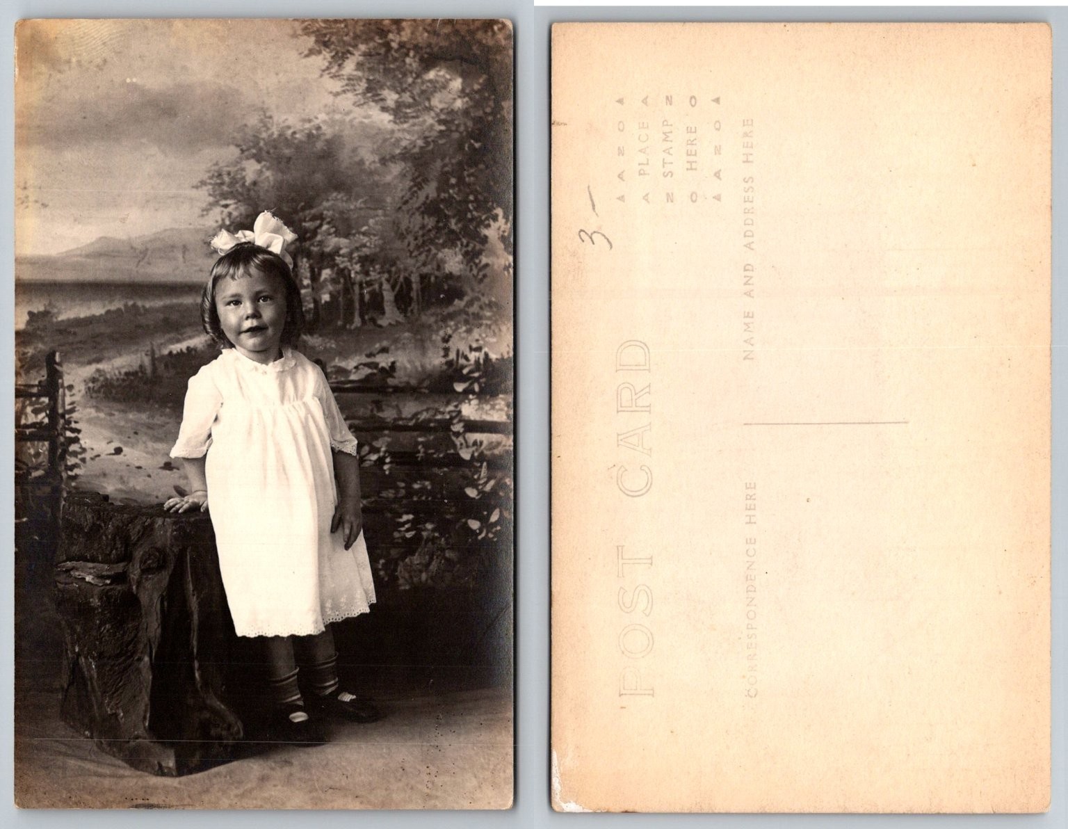 Vintage RPPC Little Girl Studio Portrait Bow Dress Real Photo Postcard