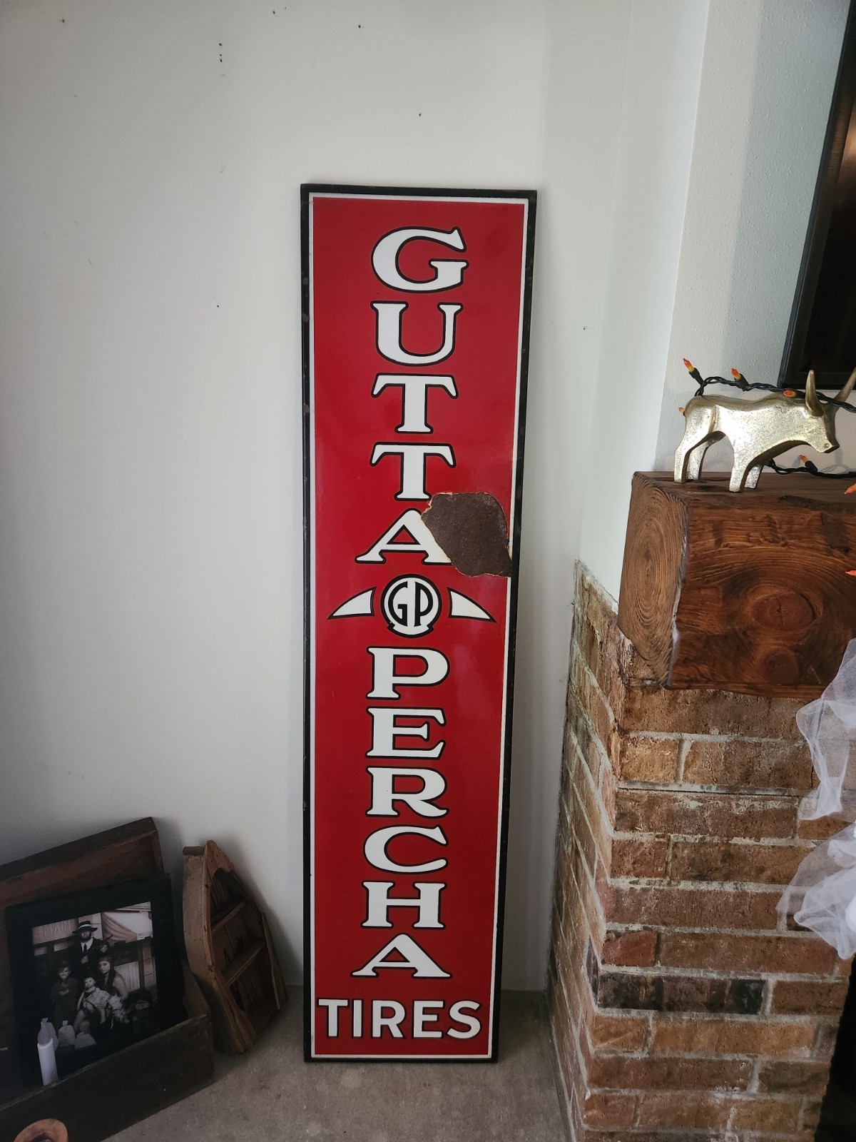 GUTTA PERCHA TIRES 5 FOOT PORCELAIN SIGN C1920\'s VINTAGE