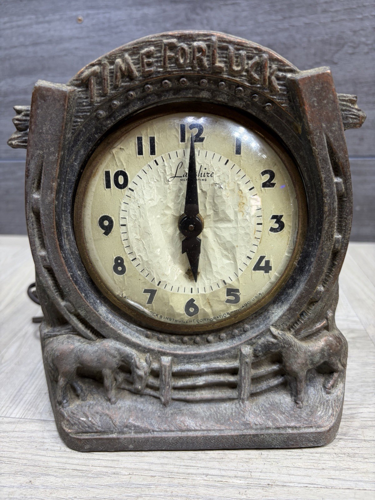 NON RUNNING Lanshire Sp- 3 Self Starting Time For Luck Antique Horse Clock Desk