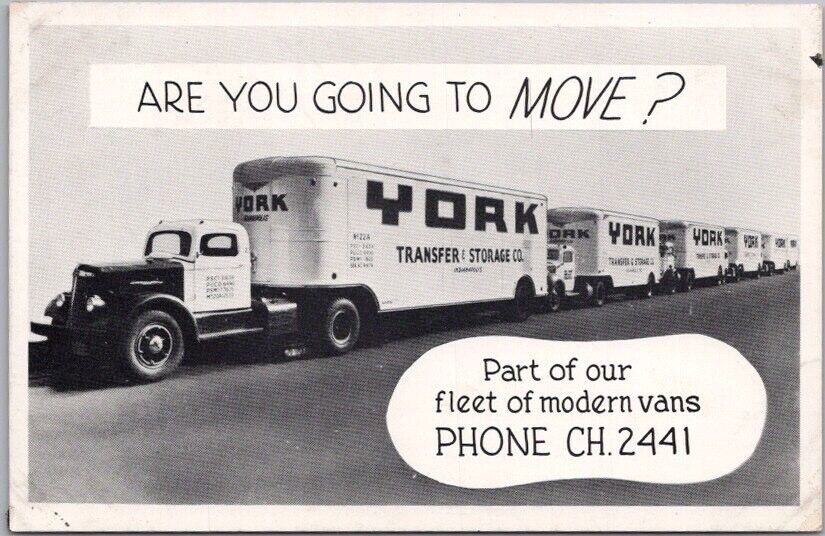 1950s Indianapolis, IN Advertising Postcard YORK TRANSFER & STORAGE Moving Vans