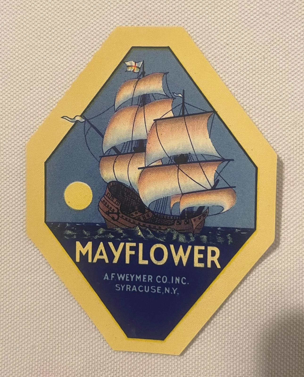 Antique Mayflower Broom Label NOS 🧹 1920s A.F. Weymer Syracuse NY Nautical Art