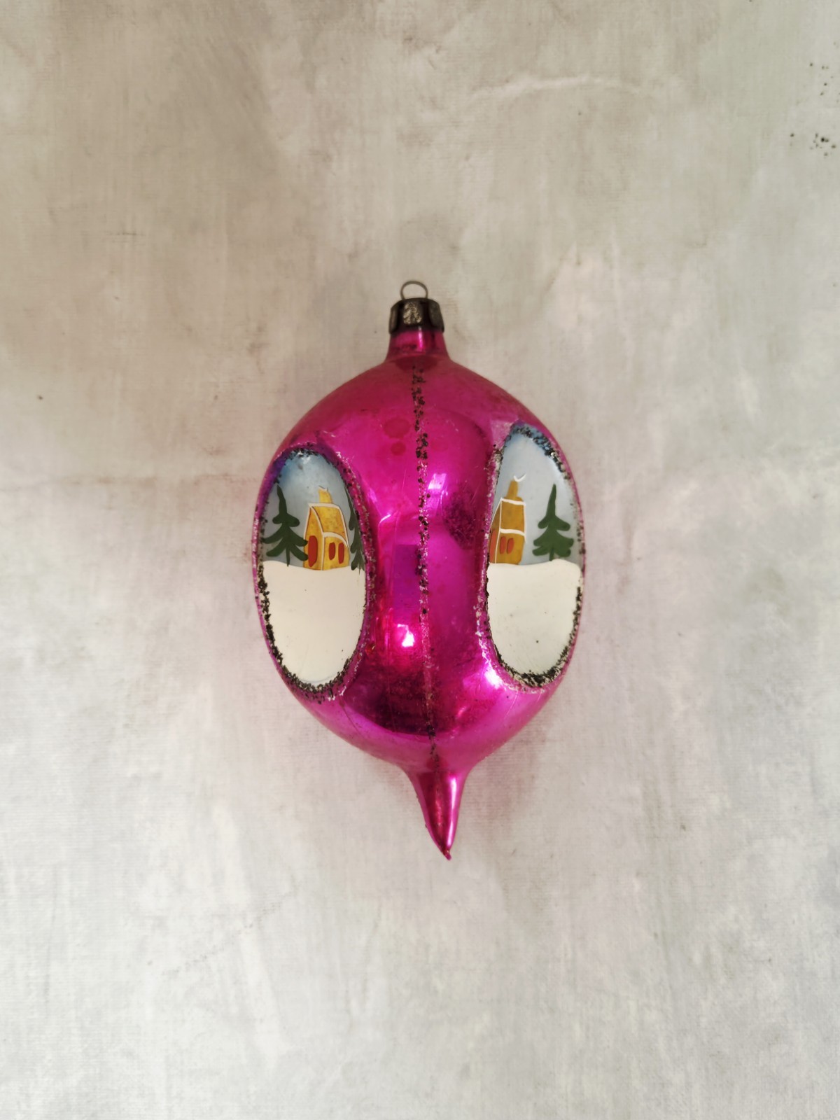 Vtg Fusia Teardrop Triple Indent Painted Cabin Poland Glass Christmas Ornament
