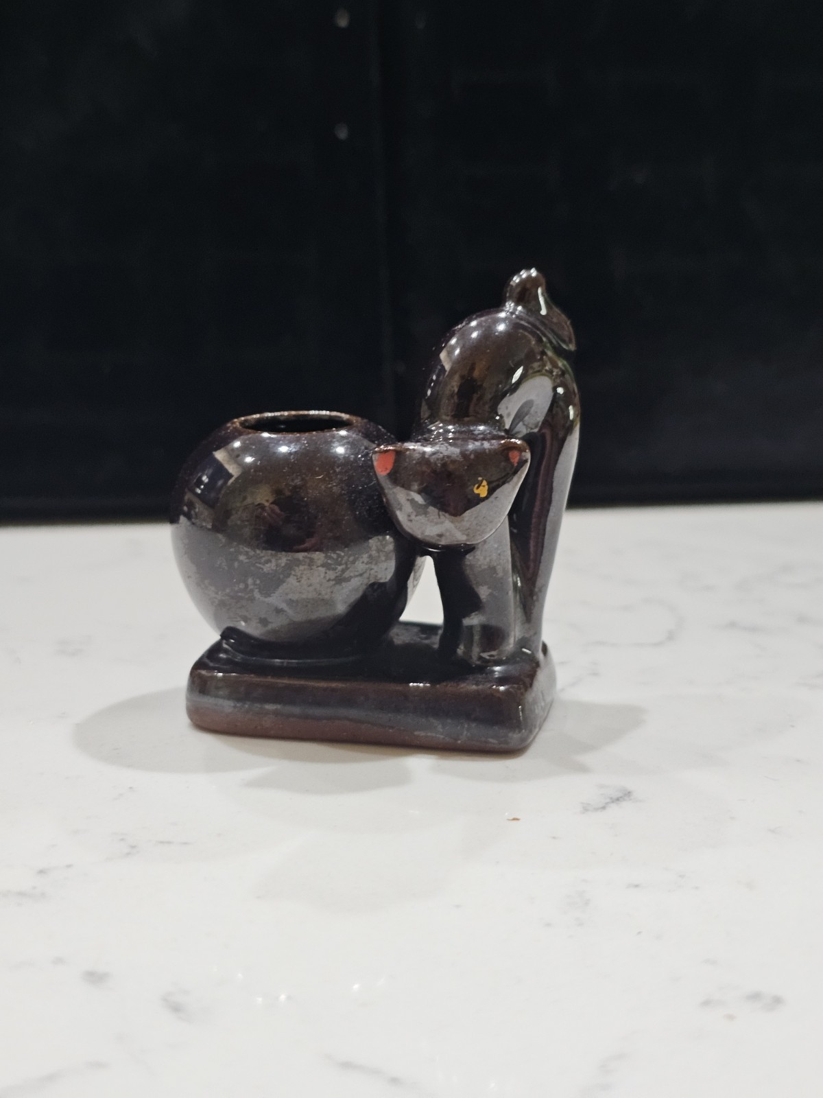 Vintage Black Cat W/ Toothpick Holder & Book Figurine 1950s Redware POTTERY