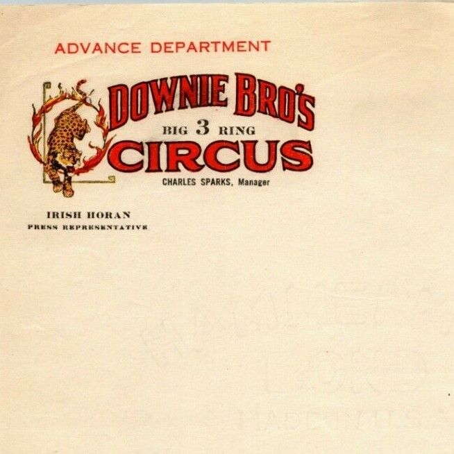Scarce c1953 Downie Bros. Circus Letterhead - Charles Sparks - Irish Horan