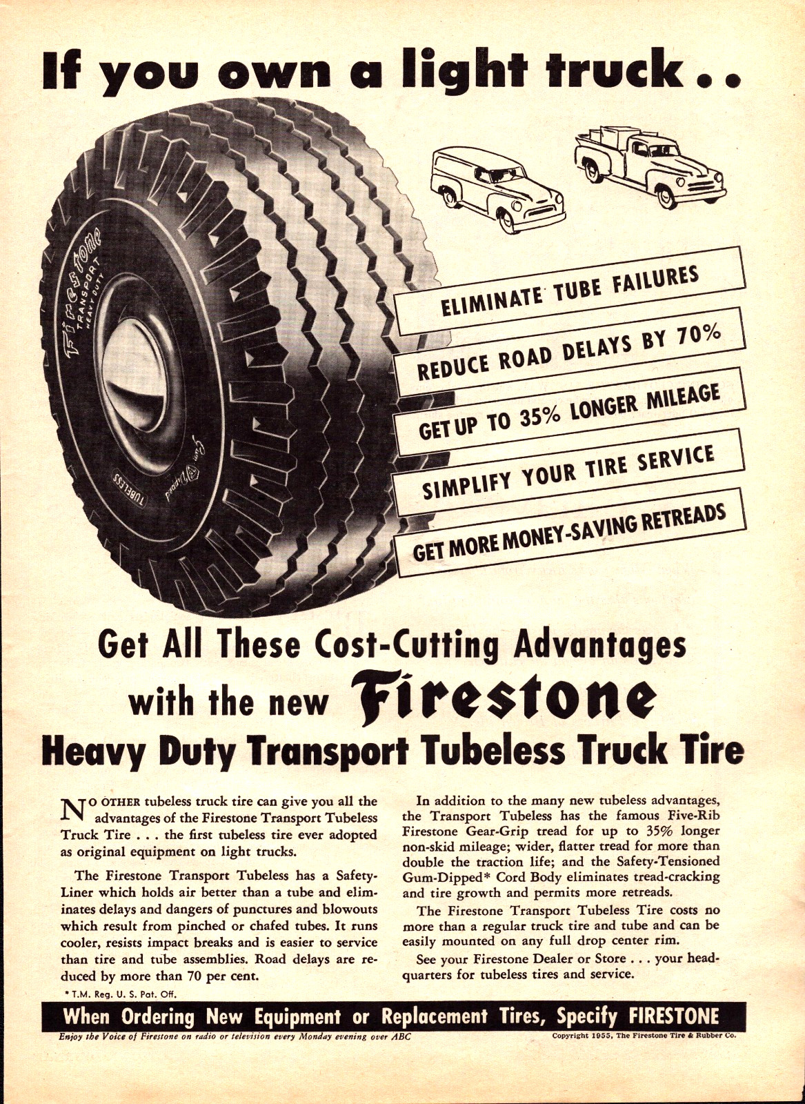 Firestone Tires Heavy Duty Transport Tubeless Truck Tires Vintage Print Ad 1955