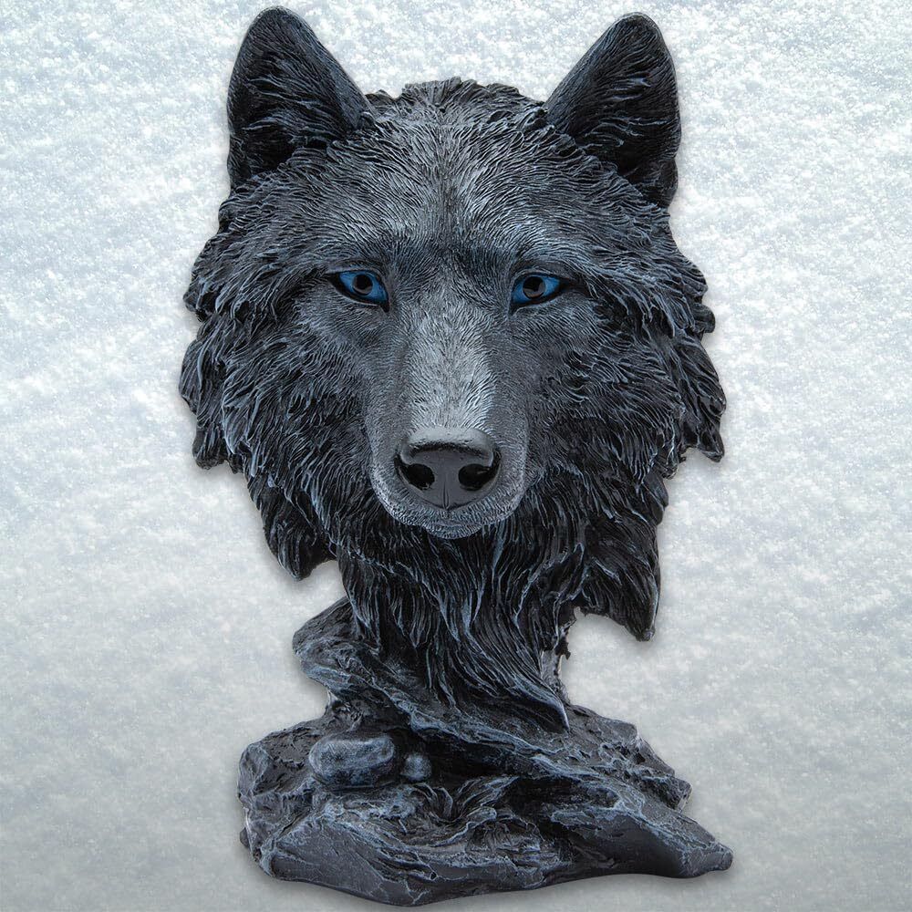 Black Wolf Head Sculpture - Polyresin Construction, Hand-Painted, Very Detailed