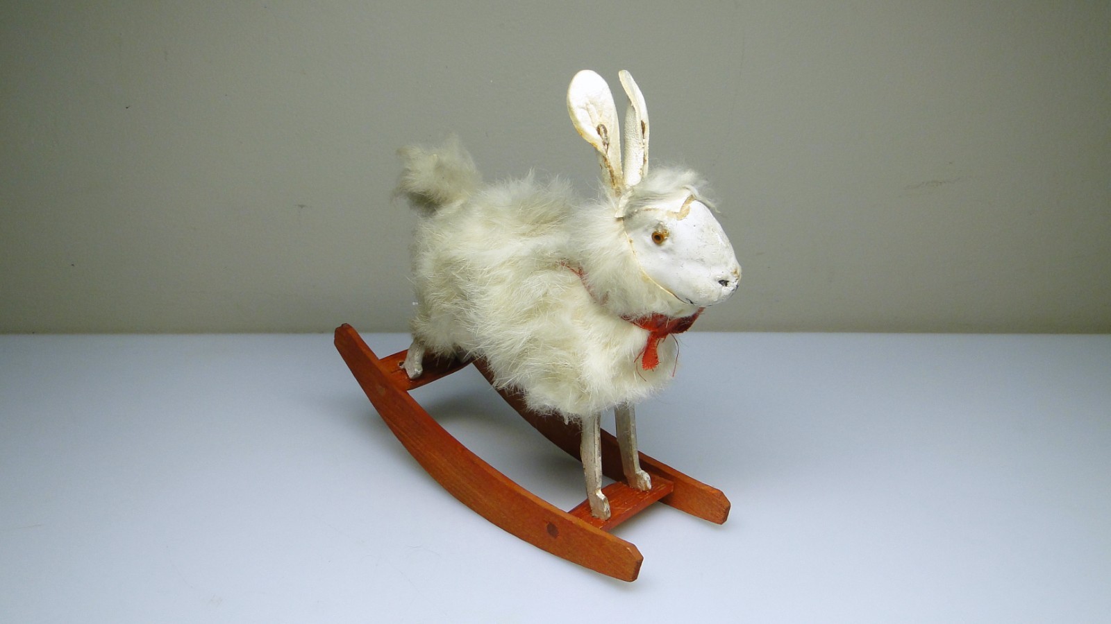 Rare Antique Fur Covered Rabbit Wood Rocking Toy w Leather Ears Glass Eyes Putz