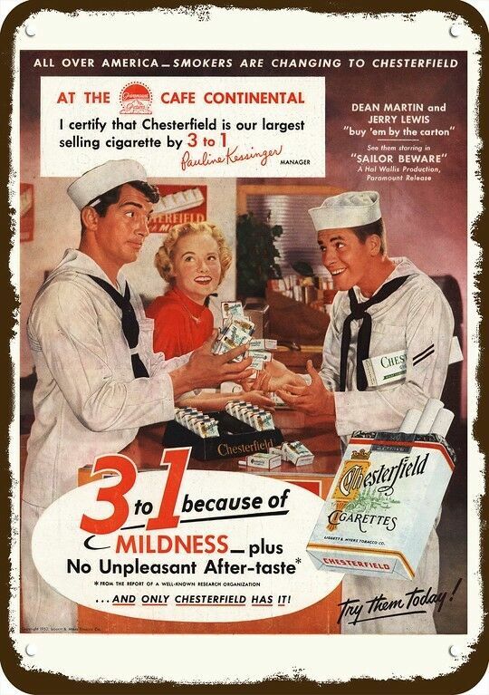 1952 Dean Martin & Jerry Lewis & Chesterfield Cigs DECORATIVE REPLICA METAL SIGN