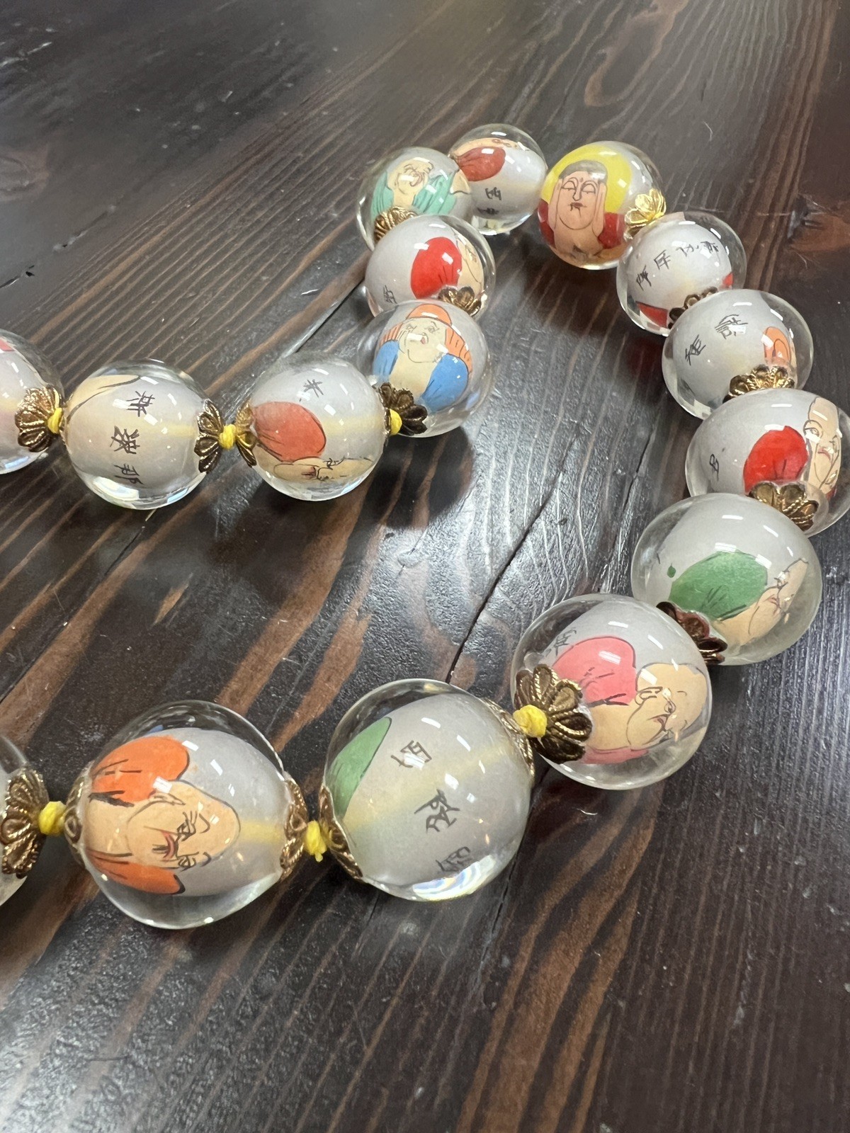 Vintage Reverse Hand Painted Glass Beads, Chinese Deity PRAYER Beads, Artisan