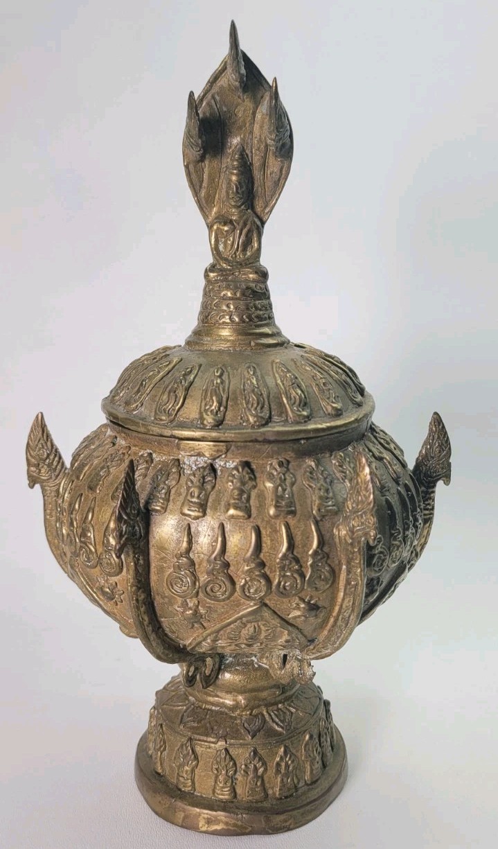 Antique Holy Water Naga Vessel Buddhist Ornate Brass Bronze Khan Nam Pot 11