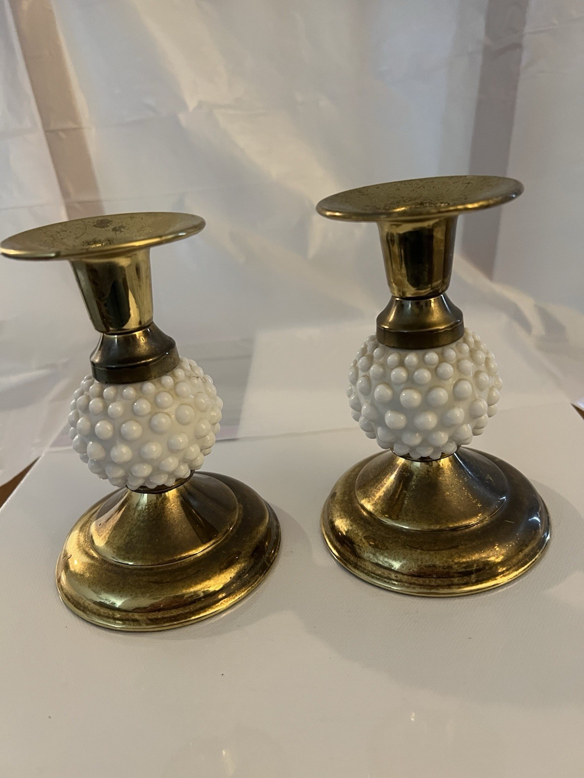 Vintage Brass and Hobnail Milk Glass Candlesticks, 5” Tall