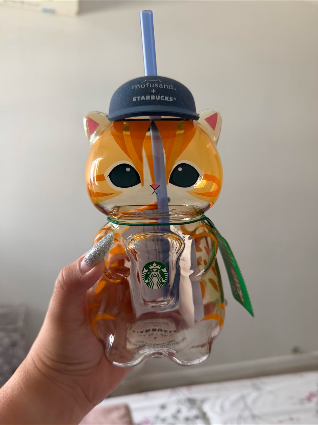 Starbucks x Mofusand 2026 Cat Shaped Glass Cup with Straw & Hat Decor New