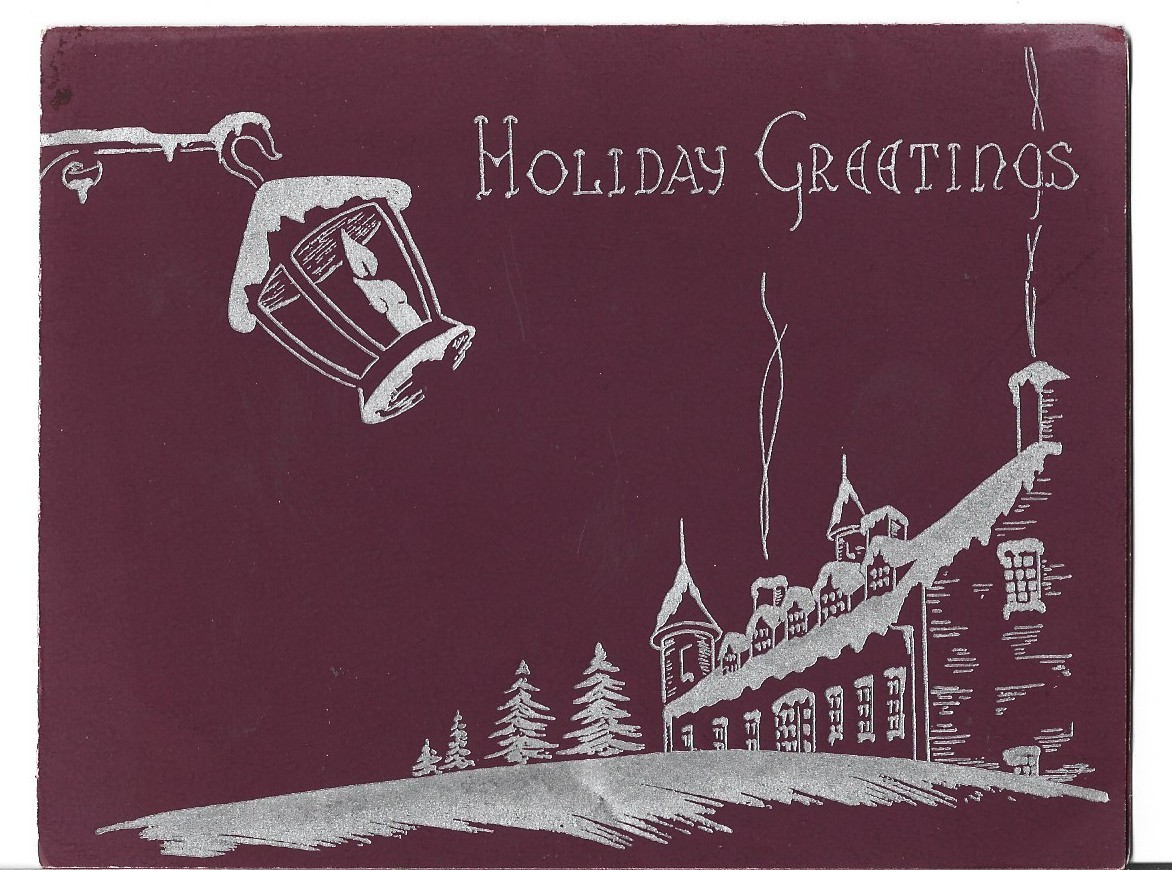 Vtg Christmas Greeting Card 5.5X4 MAROON SILVER HOUSE SWINGING LANTERN TREES