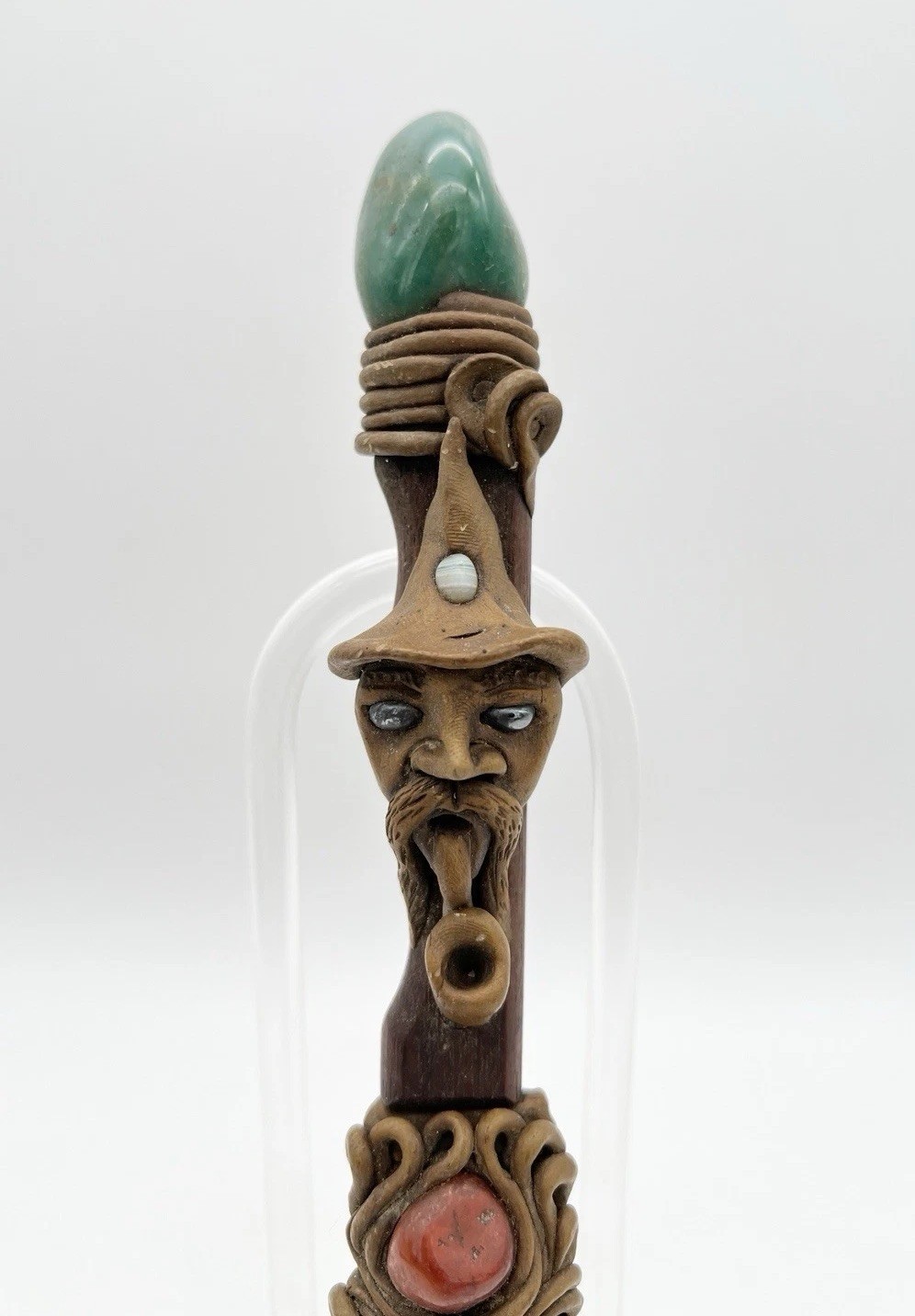 Vintage Folk Art Knife Carved Pipe Man Gemstone Handle Sheath Tramontina Brazil