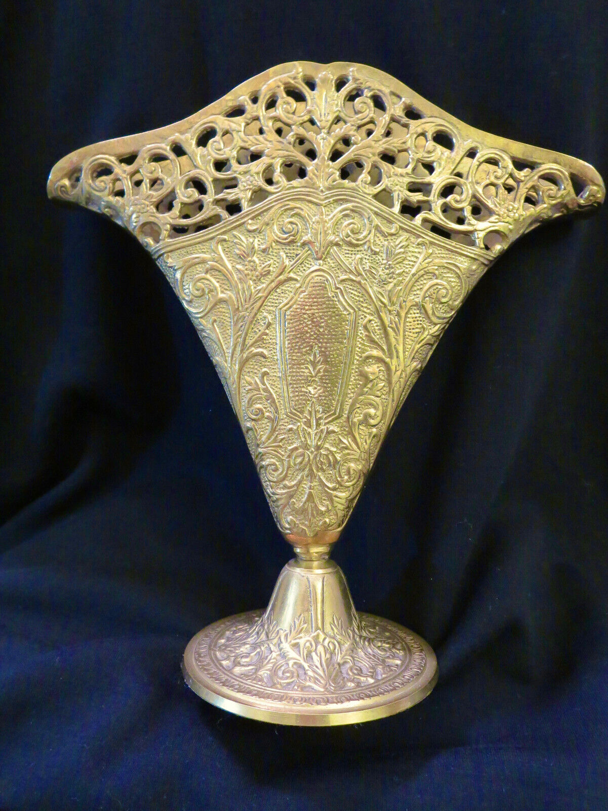 Brass Fan Vase Art Nouveau Fillagree Pierced Metal Bright Shiny Art Deco INDIA