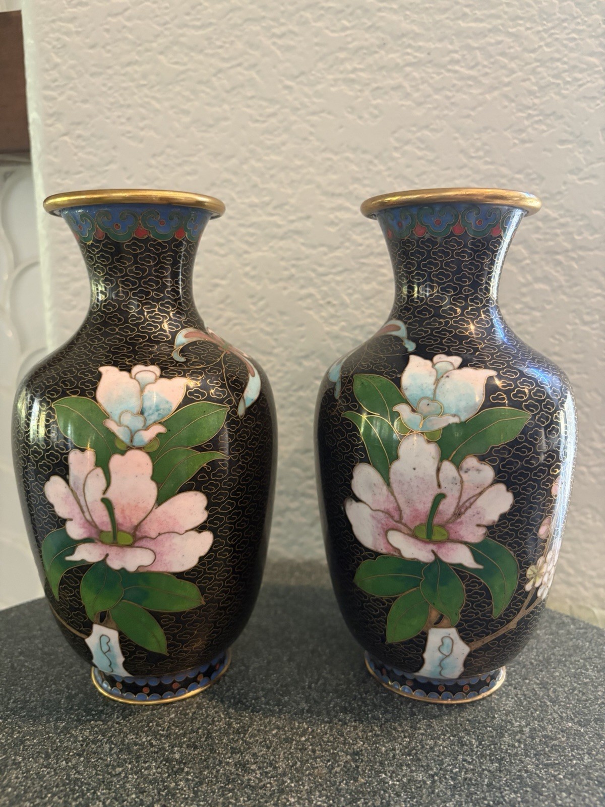 Pair of Vtg Chinese Cloisonne Vases, Enameled Brass Floral Mint Condition 6.5 Pair of Vtg Chinese Cloisonne Vases, Enameled Brass Floral Mint Condition 6.5