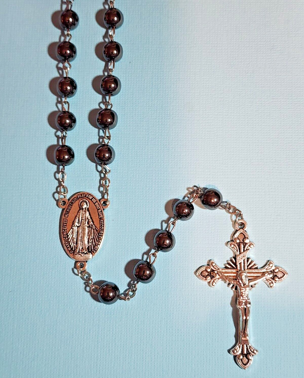 Hematite Rosary - 8mm Beads Miraculous Medal Center Fleur-de-lis Crucifix 23