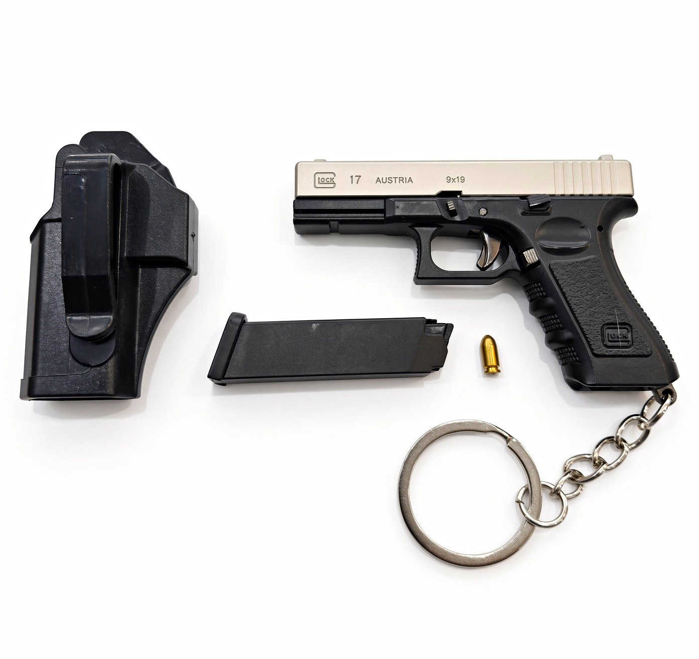 Glock 17 Black Silver Mini All Metal Keychain Replica w/Belt Clip Holster Ring Glock 17 Black Silver Mini All Metal Keychain Replica w/Belt Clip Holster Ring