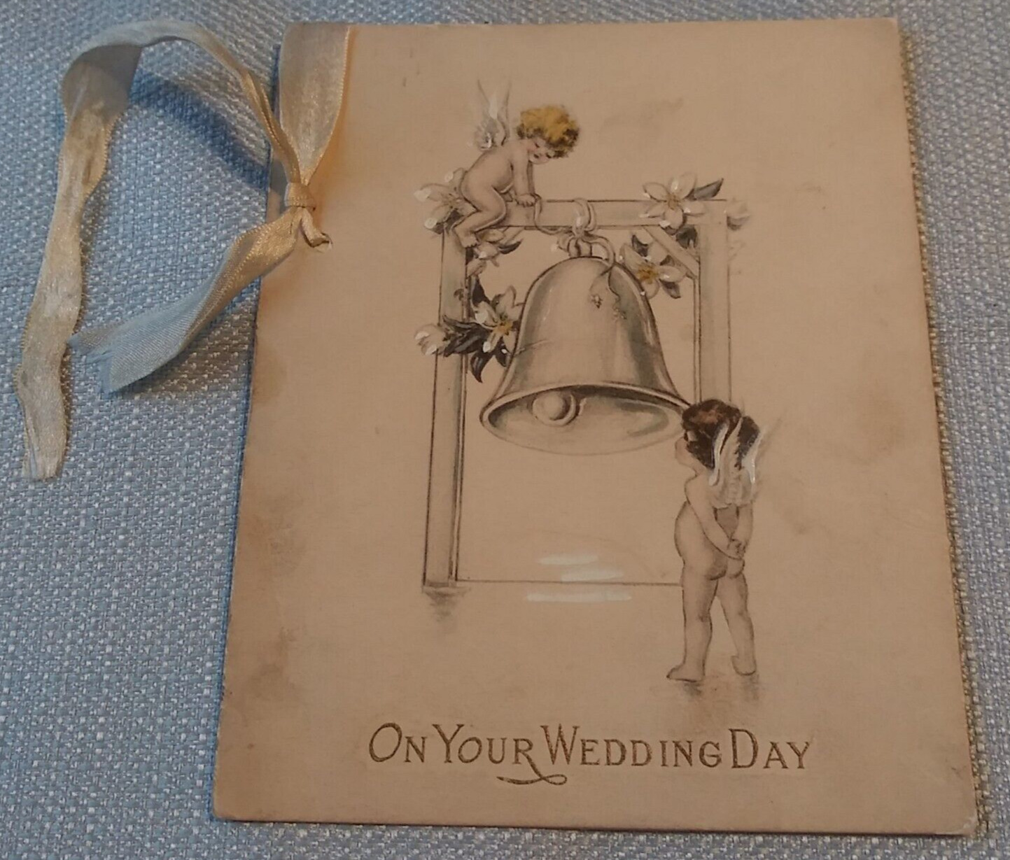 Wedding Day Card Cherub Floral Bell Ribbon Vintage