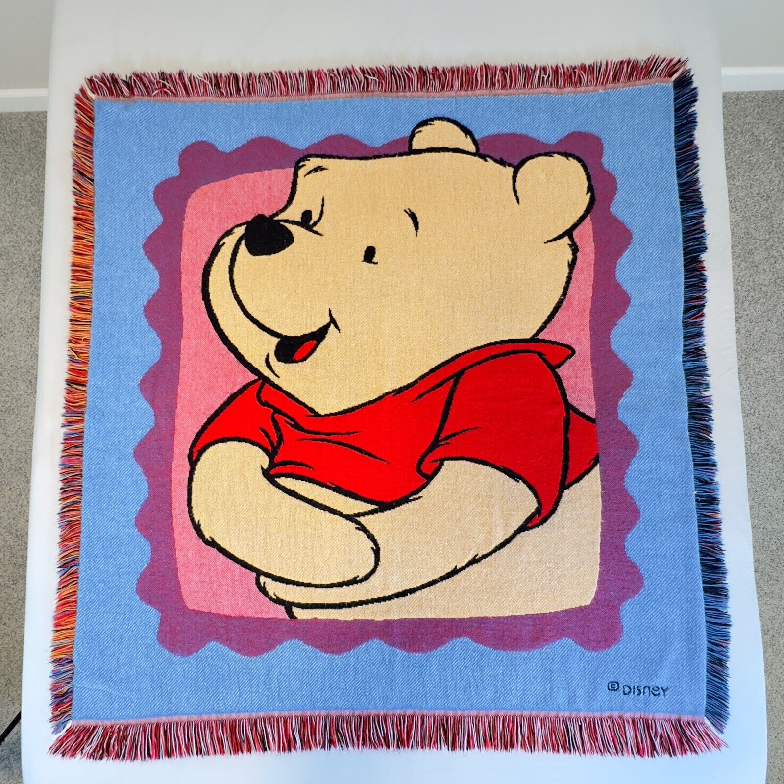 Vintage Disney Winnie The Pooh Woven Fringed Blanket Tapestry Beacon USA
