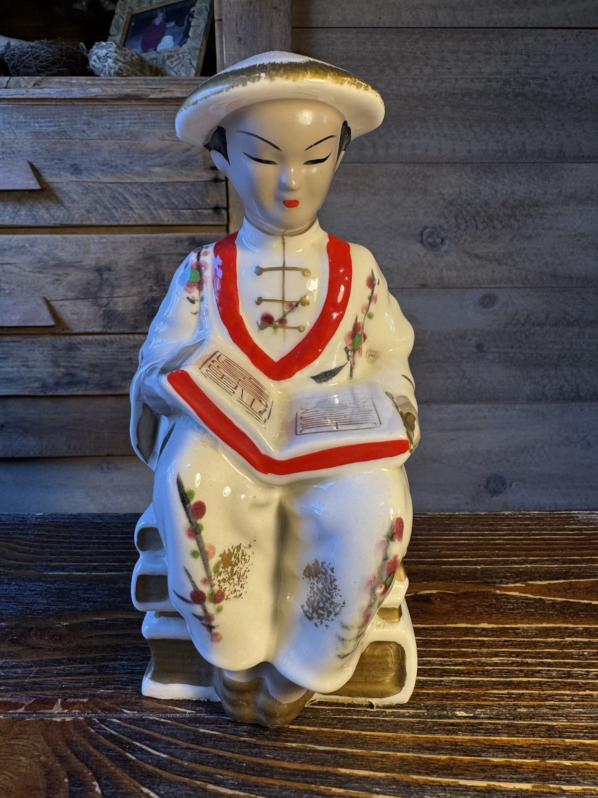 Vintage Nanco Japan Ceramic Asian Scholar Boy Reading Book Figurine Bookend MCM