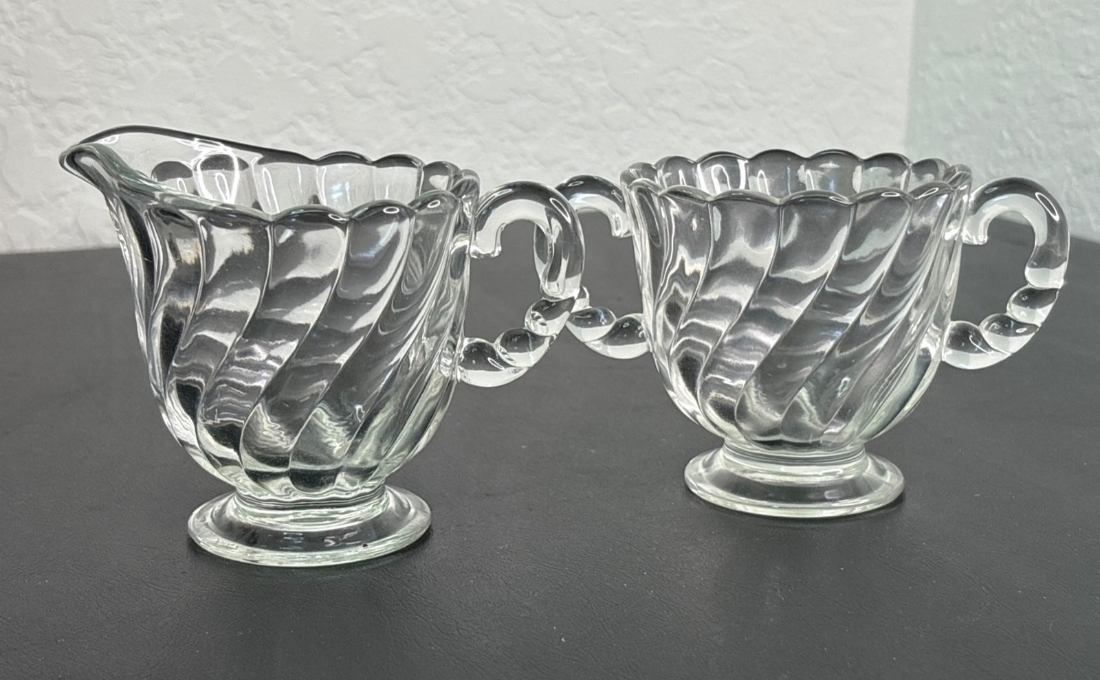Vintage Fostoria Colony pattern clear glass creamer and sugar bowl set MCM swirl