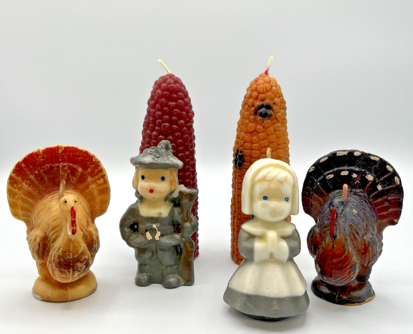 Vintage Gurley Candle Thanksgiving Lot- Pilgrims Turkeys Corn Cobs- Retro Autumn