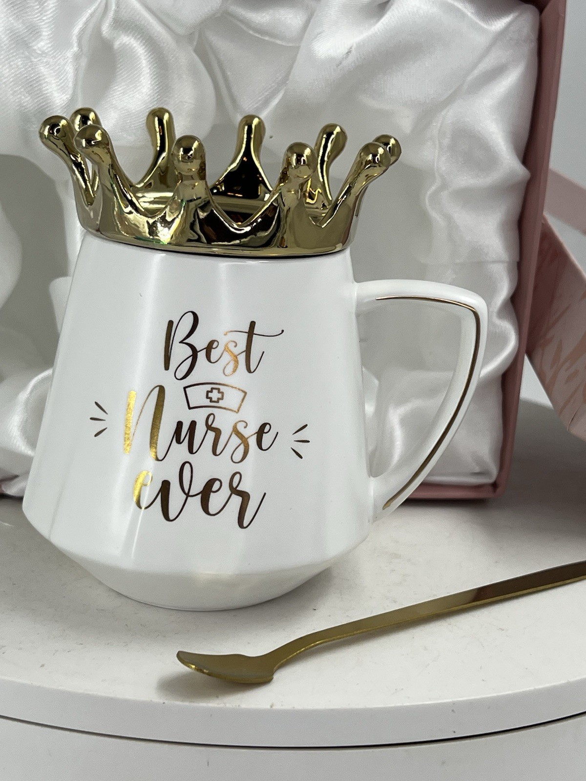MAYICIVO Best Nurse Ever Mug Gold Crown Lid Spoon Gift Box Nurse Appreciation