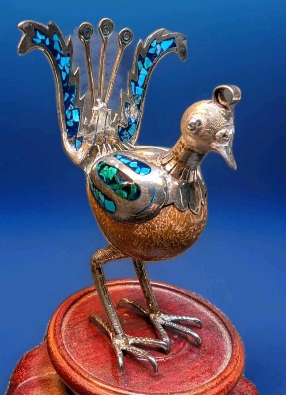 Vintage Taxco Mexican Sterling & Onyx Peacock Figurine Signed TE-15 LE?