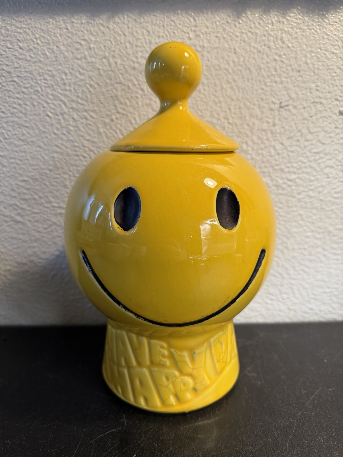 Vintage McCoy Yellow Smiley Face Cookie Jar with Lid Have A Happy Day 1970s