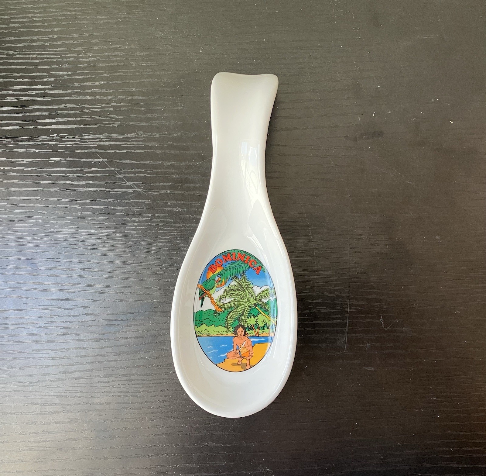 VTG Dominica Souvenir Ceramic Spoon Rest, Tropical Parrot Island Decor, 7.5” L