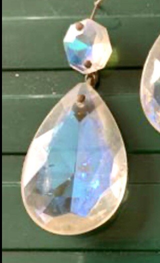 Vtg 38mm Prism AB Crystal Pear Faceted Chandelier Salvaged Hollywood Regency