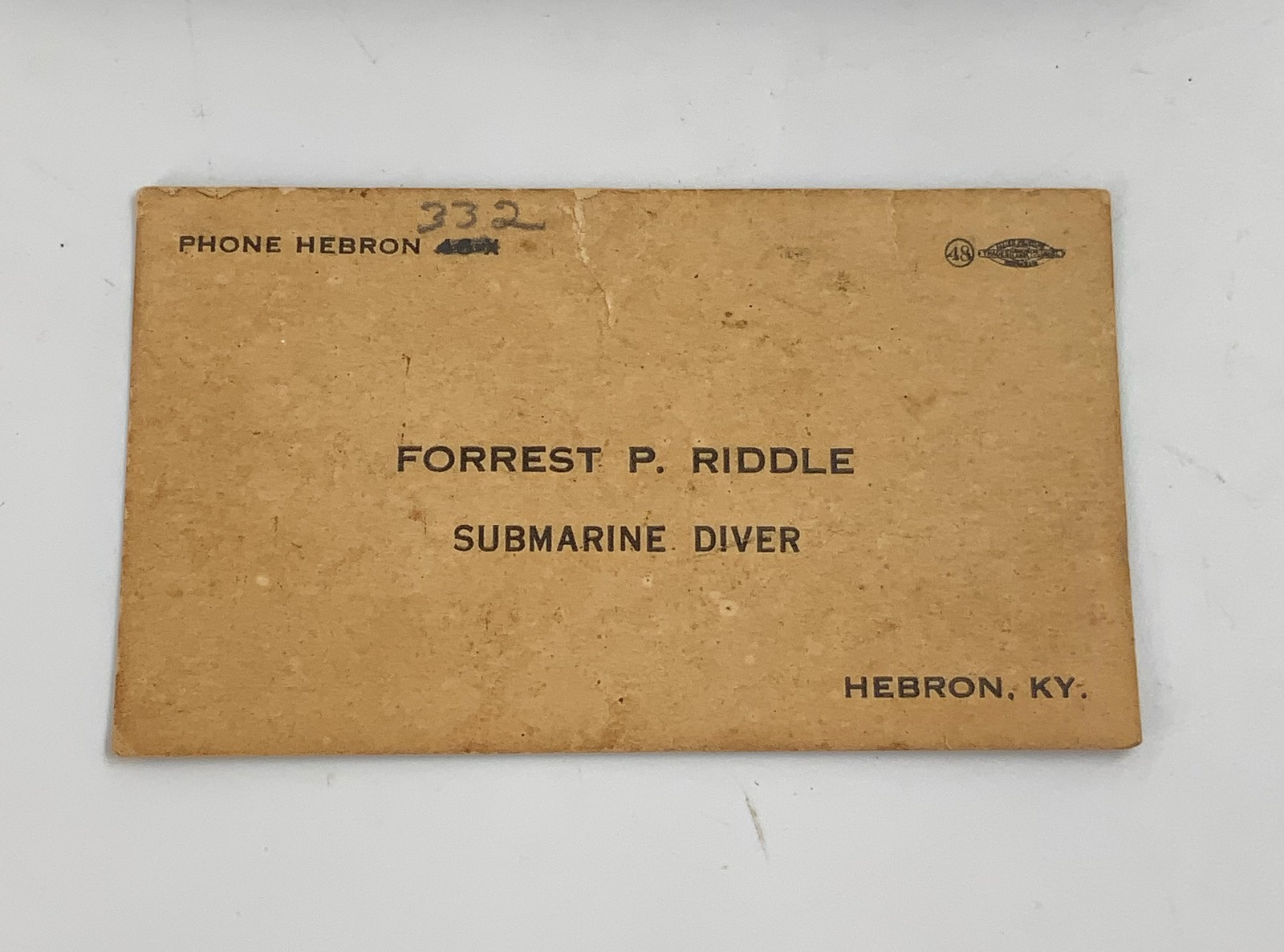 Ca 1940s Submarine diver business card Hebron Kentucky