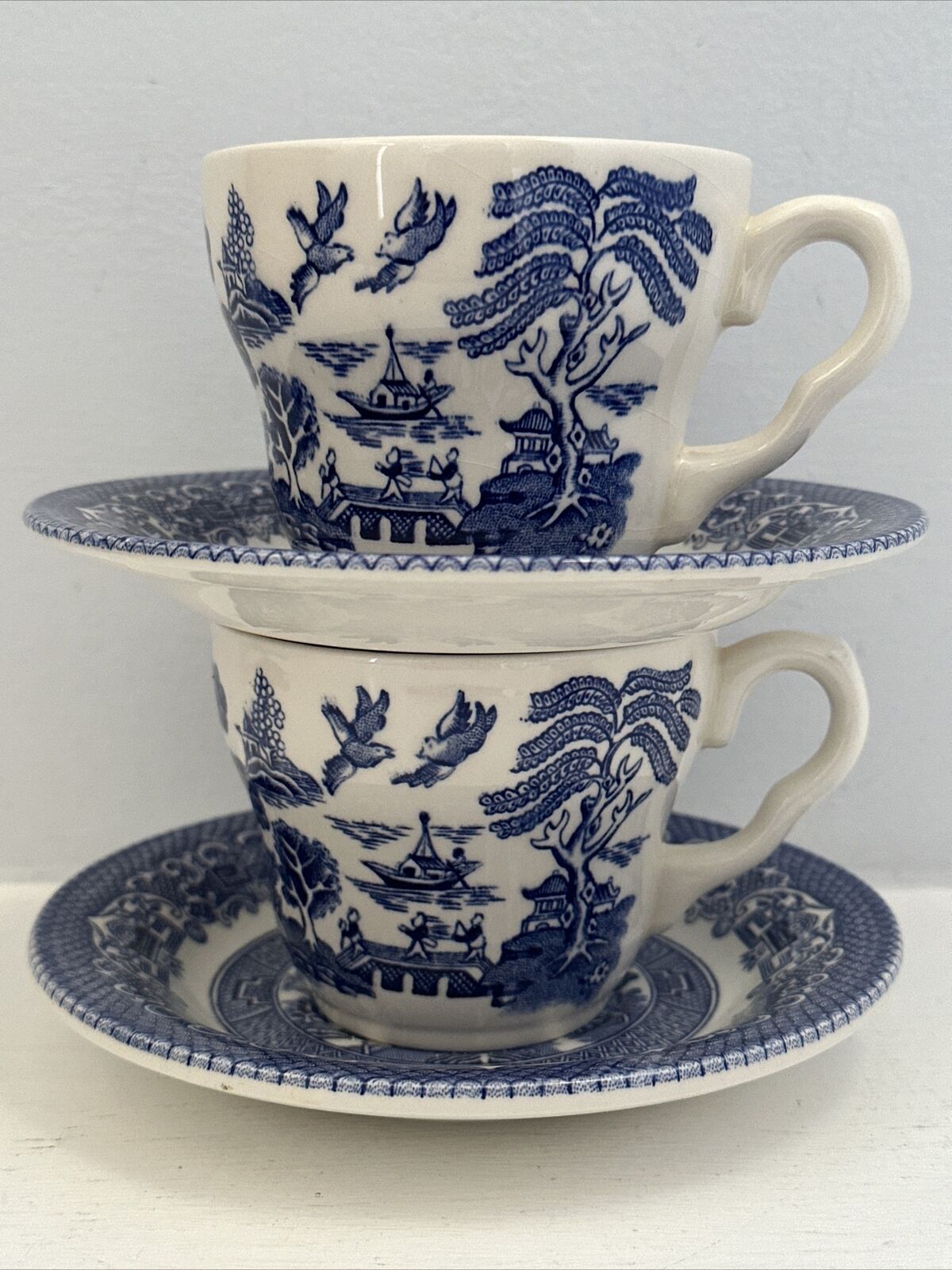 2 BLUE WILLOW EIT England Ironstone Cups and Saucers SET, PRISTINE