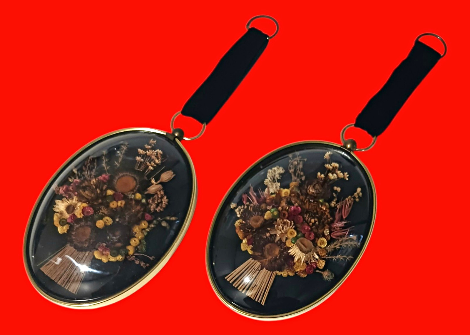 Vintage Pr. CideArt Mid Century Oval Framed Convex Glass Dried Floral Wall Art