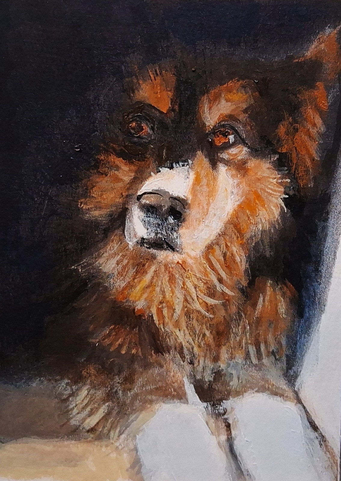 Original  ACEO  Acrylic Painting Dog Shepherd Hiding Around the Corner Spy Dog