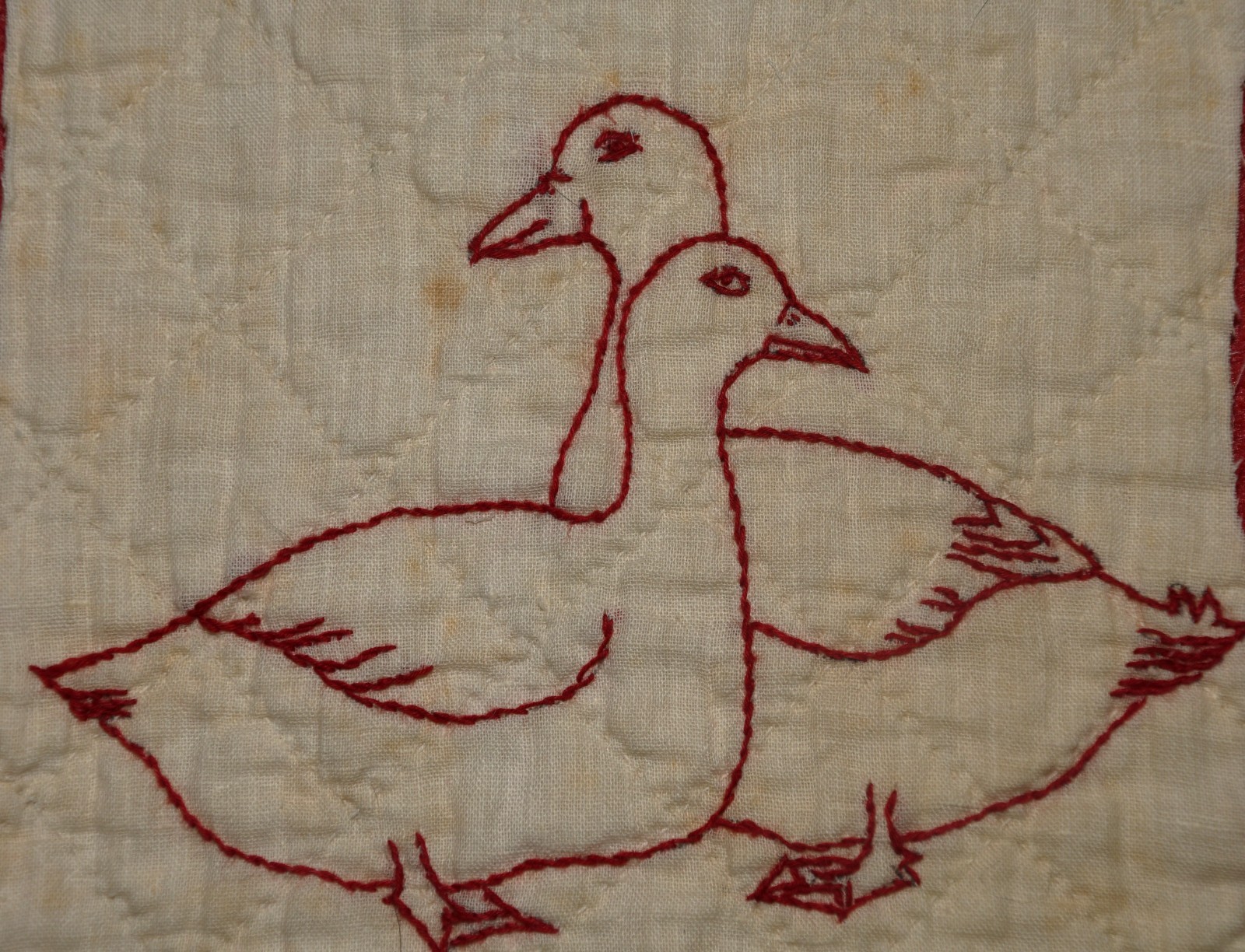 Vintage/Antique Cutter Quilt Piece Block Embroidered Redwork Ducks Fowl