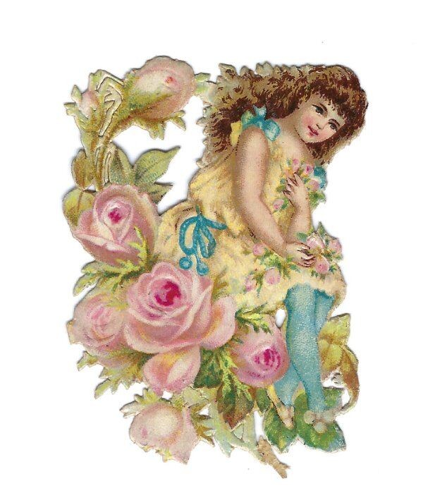 1888 Chromo decoupis, Victorian Flower Fairy Pink Rose, Antique Die-Cut Scrap, 2
