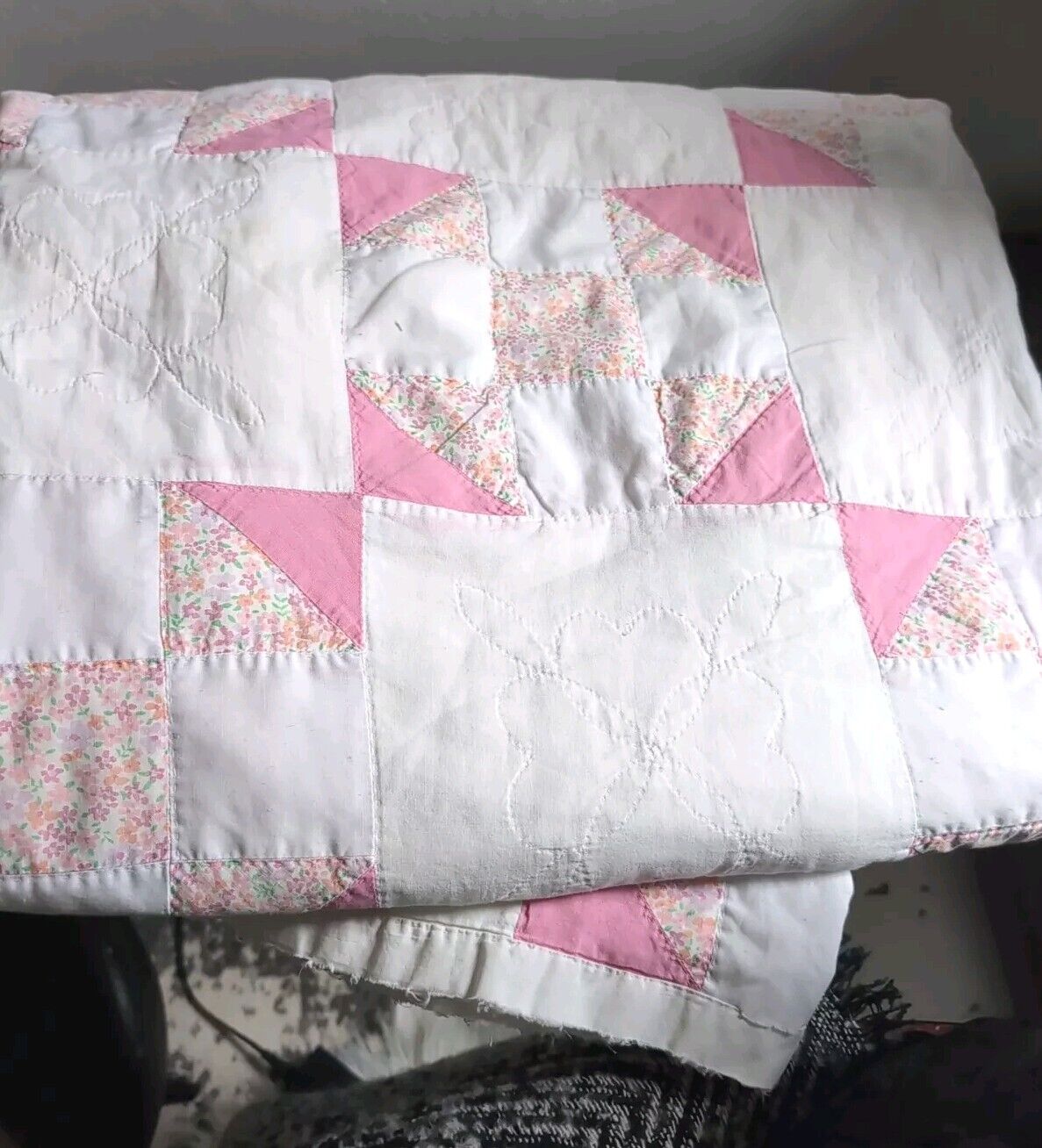 Vintage 1950s Pink and White Quilt Hand Sewn and Machine